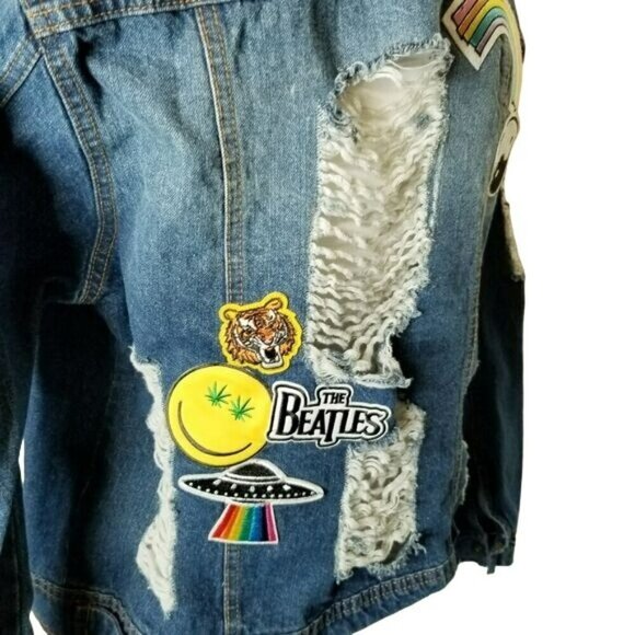 Blue Age denim jacket rainbow alien Jeans distressed Hippie boho Burning Man S/M - Picture 12 of 12